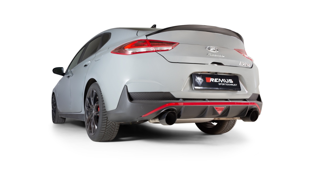 GPF back System Left/Right with Integrated valves using the OE valve control system with 2 tail pipes 115 mm angled, engraved, chromed Hyundai : i30 Fastback PDE 2.0 N Performance