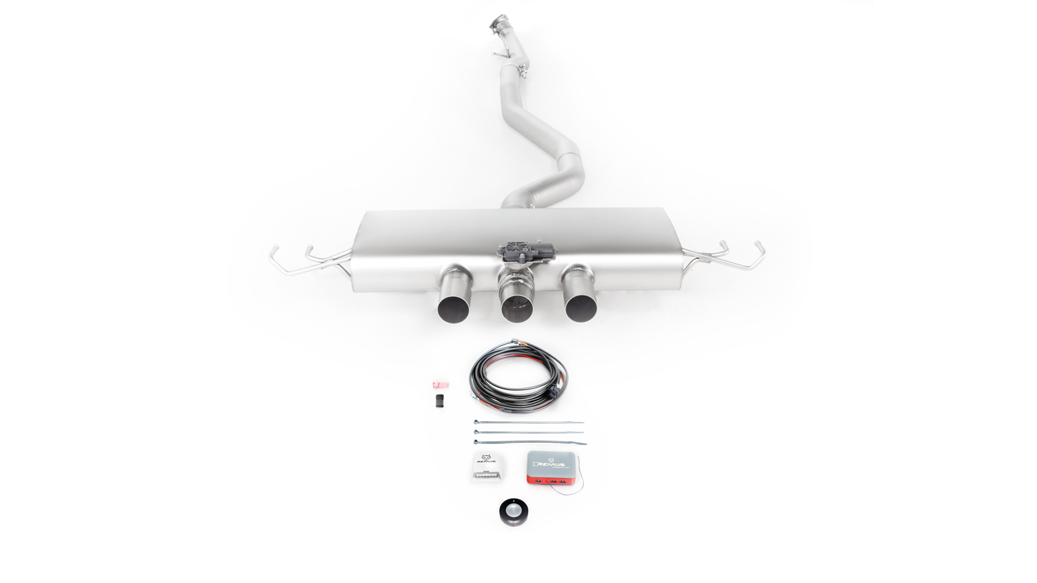 Non-Resonated Cat back System Left/Right with Integrated valves including a Remus Sound Controller Module with 3 tail pipes 98 mm Black Chrome Honda : Civic FK8 2.0 Type-R