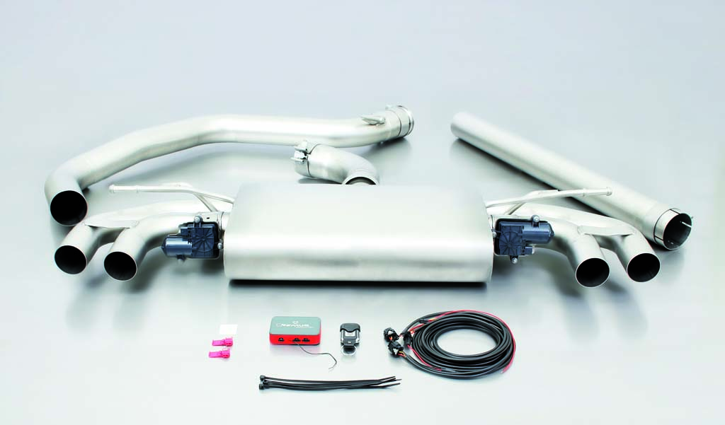 Non-Resonated Cat back System Left/Right with Integrated valves including a Remus Sound Controller Module with 4 tail pipes 84 mm angled Volkswagen : Golf Mk7 Hatchback 2.0 GTI